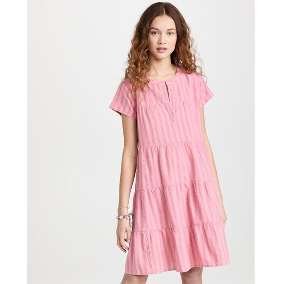 Roller Rabbit Every Stripe Pamela Dress Size M Popover Tiered Short Sleeve Pink - Picture 6 of 6